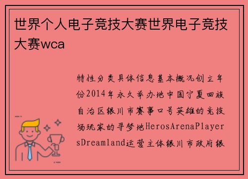 世界个人电子竞技大赛世界电子竞技大赛wca